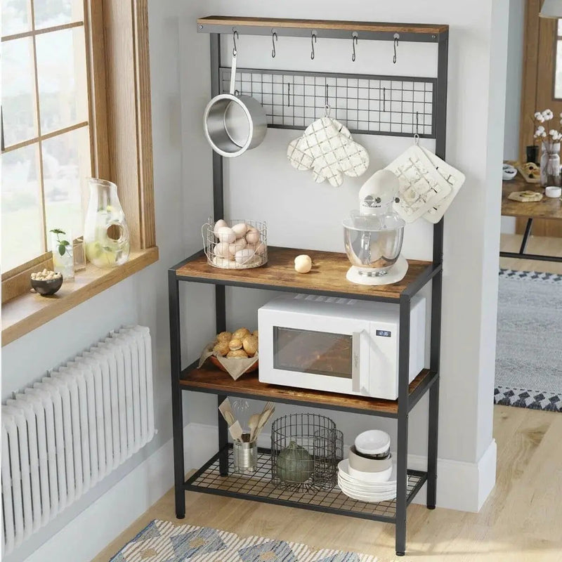 Black Metal Kitchen Baker's Rack Microwave Stand with Wood Storage Shelves by HomePacific