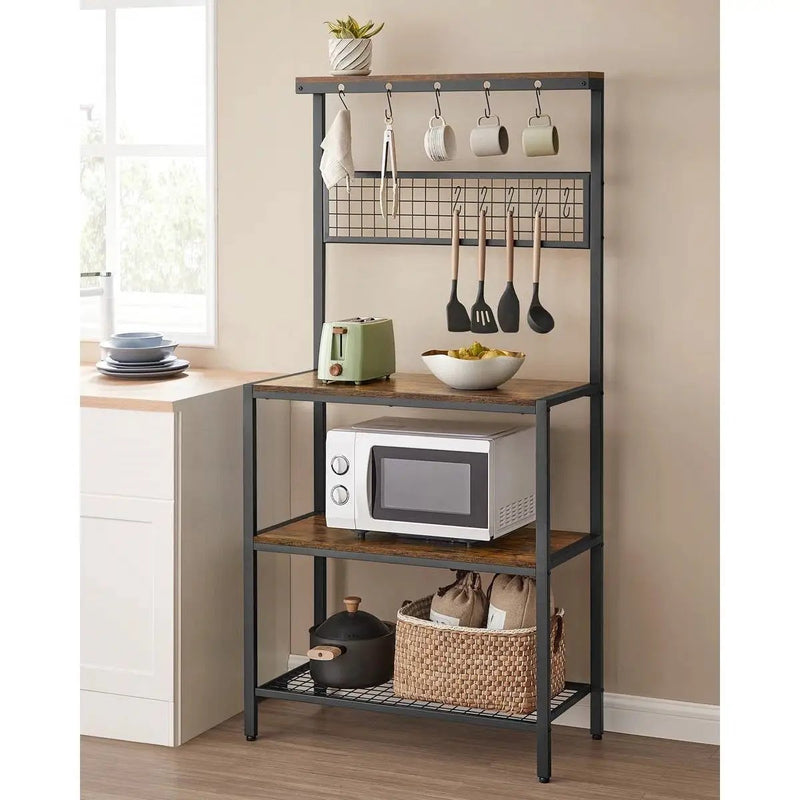 Black Metal Kitchen Baker's Rack Microwave Stand with Wood Storage Shelves by HomePacific