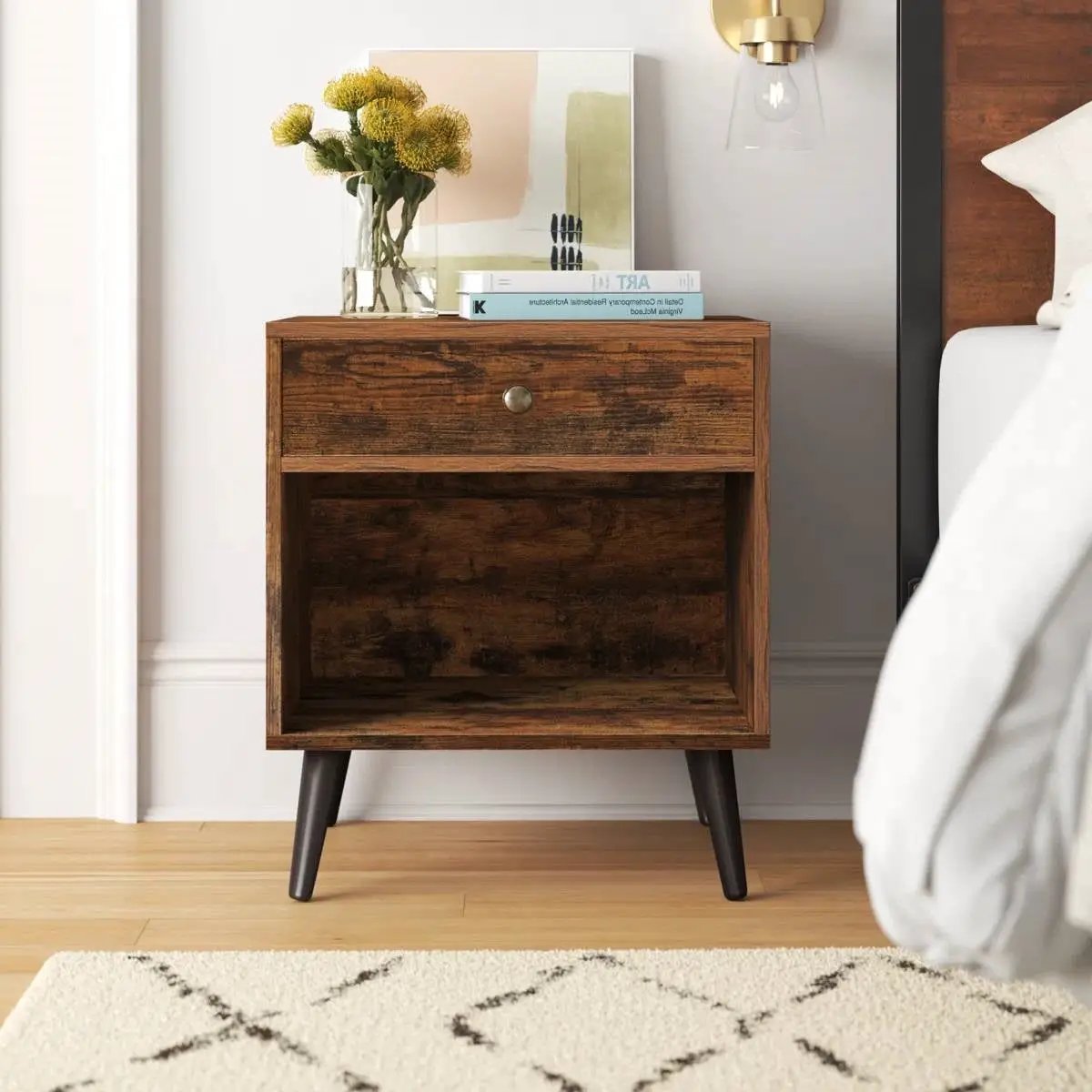 Mid-Century Farmhouse Bedroom 1-Drawer Nightstand End Table with Open Shelf by HomePacific
