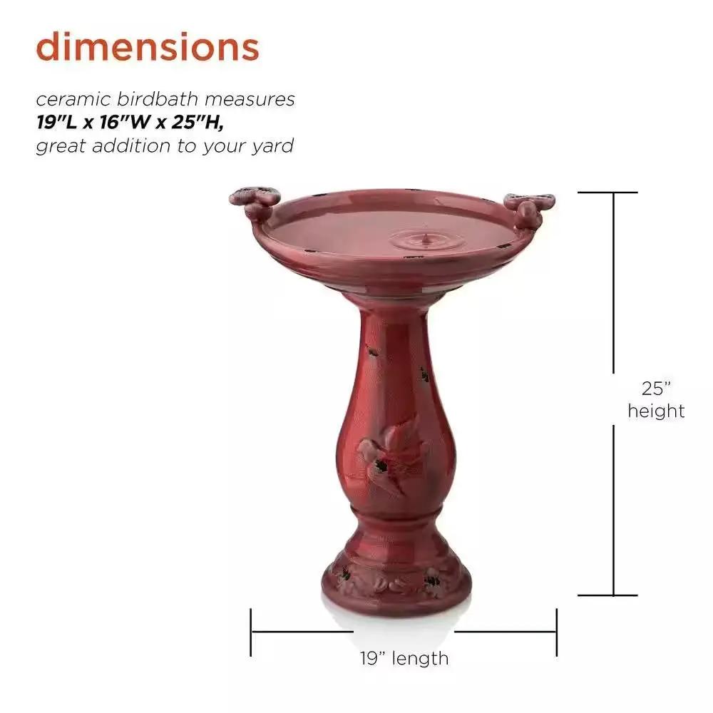 Outdoor Dark Red Ceramic Birdbath in Antique Finish by HomePacific