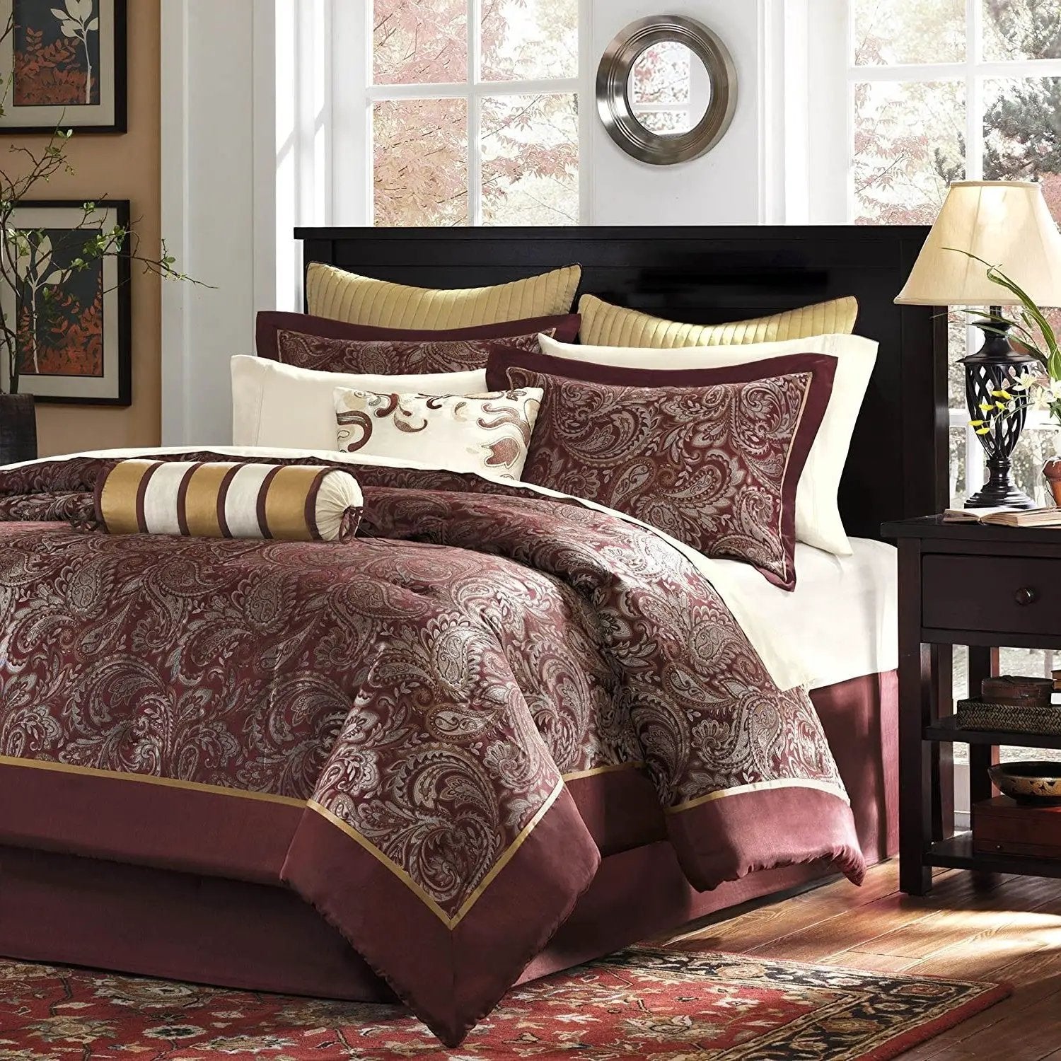 King 12 Piece Cotton Polyester Comforter Set Red Gold Paisley by HomePacific