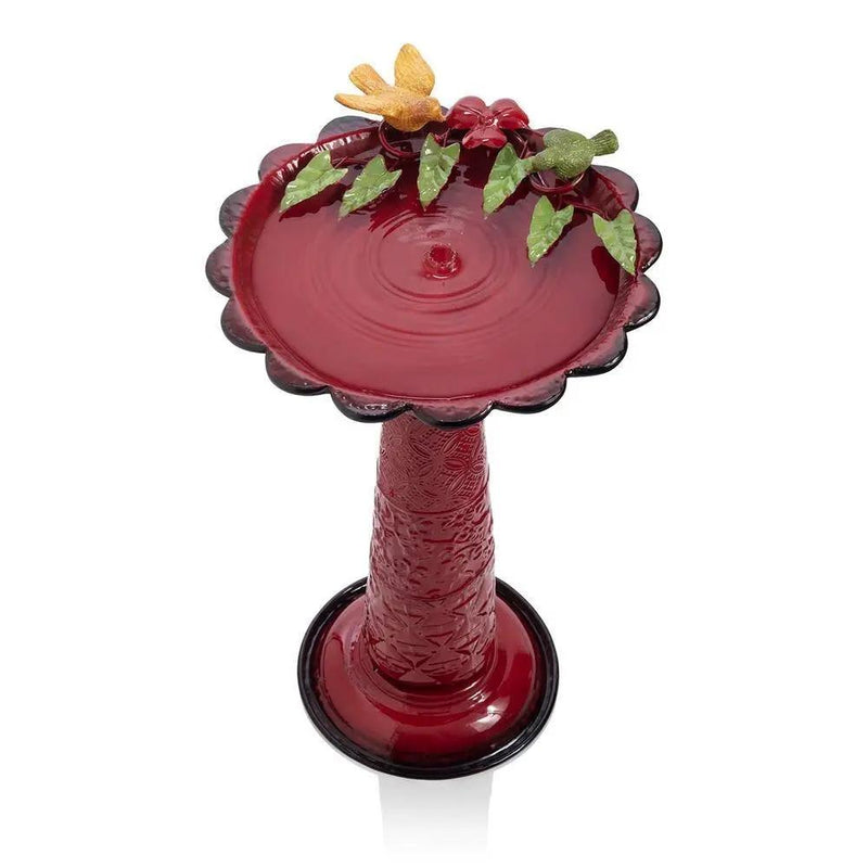 Red Metal Outdoor Garden Patio Birdbath with Decorative Bird Leaf Figurines by HomePacific