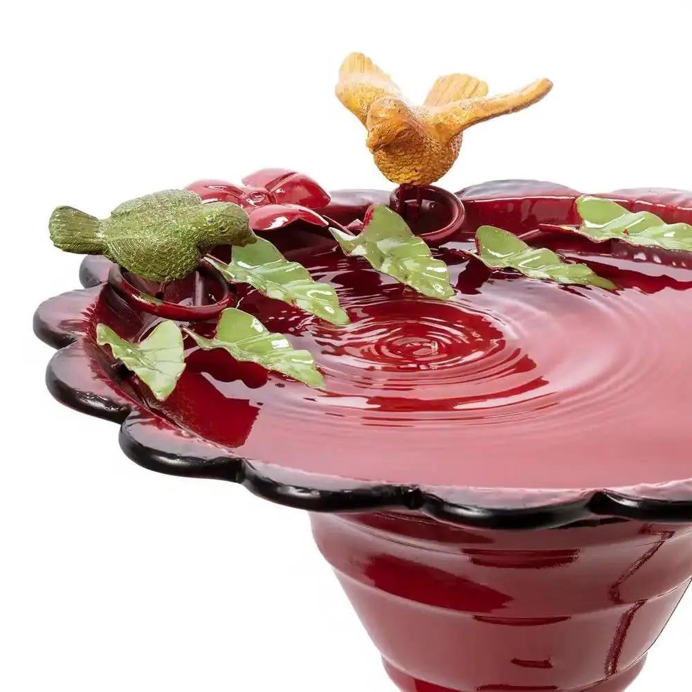 Red Metal Outdoor Garden Patio Birdbath with Decorative Bird Leaf Figurines by HomePacific