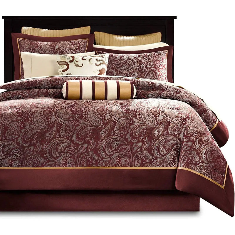 Queen 12 Piece Cotton Polyester Comforter Set Red Gold Paisley by HomePacific