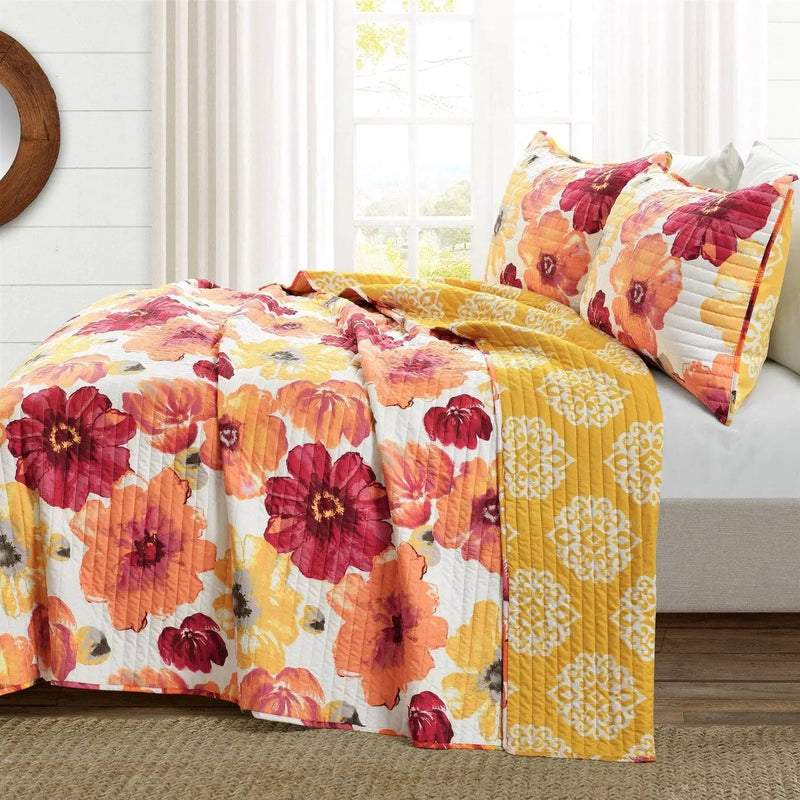 King size Orange Red Flowers Lightweight Polyester Microfiber Quilt Set by HomePacific