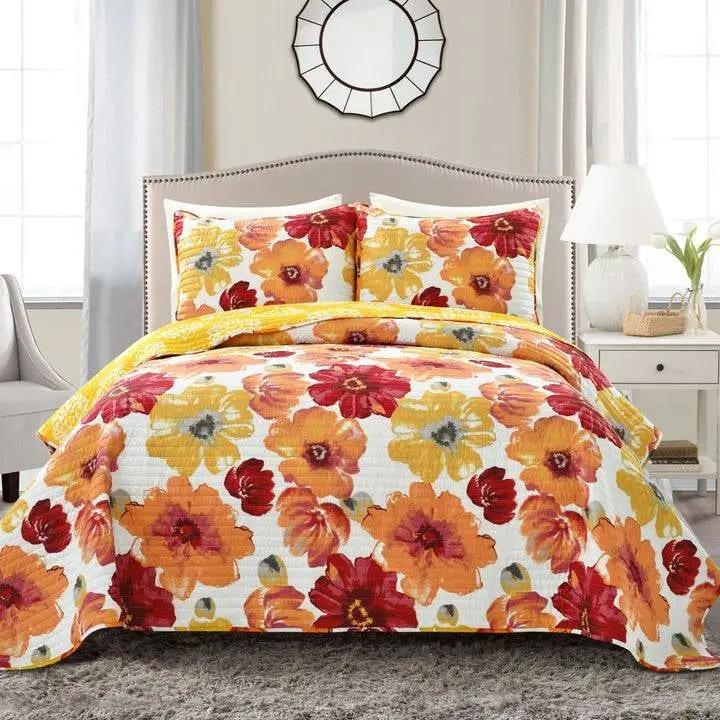 Full/Queen Red Orange Flowers Lightweight Polyester Microfiber Quilt Set by HomePacific