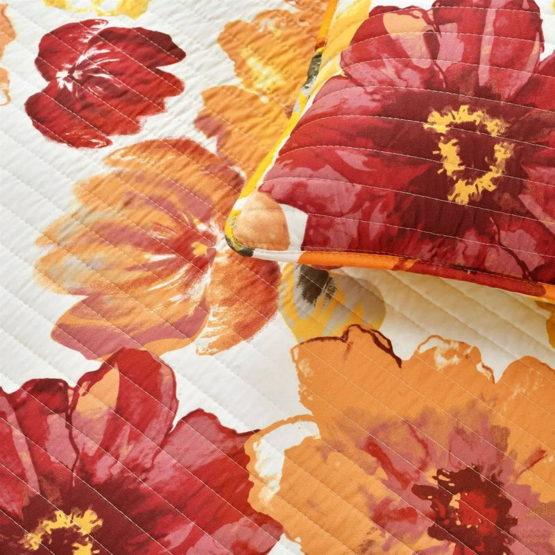 Full/Queen Red Orange Flowers Lightweight Polyester Microfiber Quilt Set by HomePacific