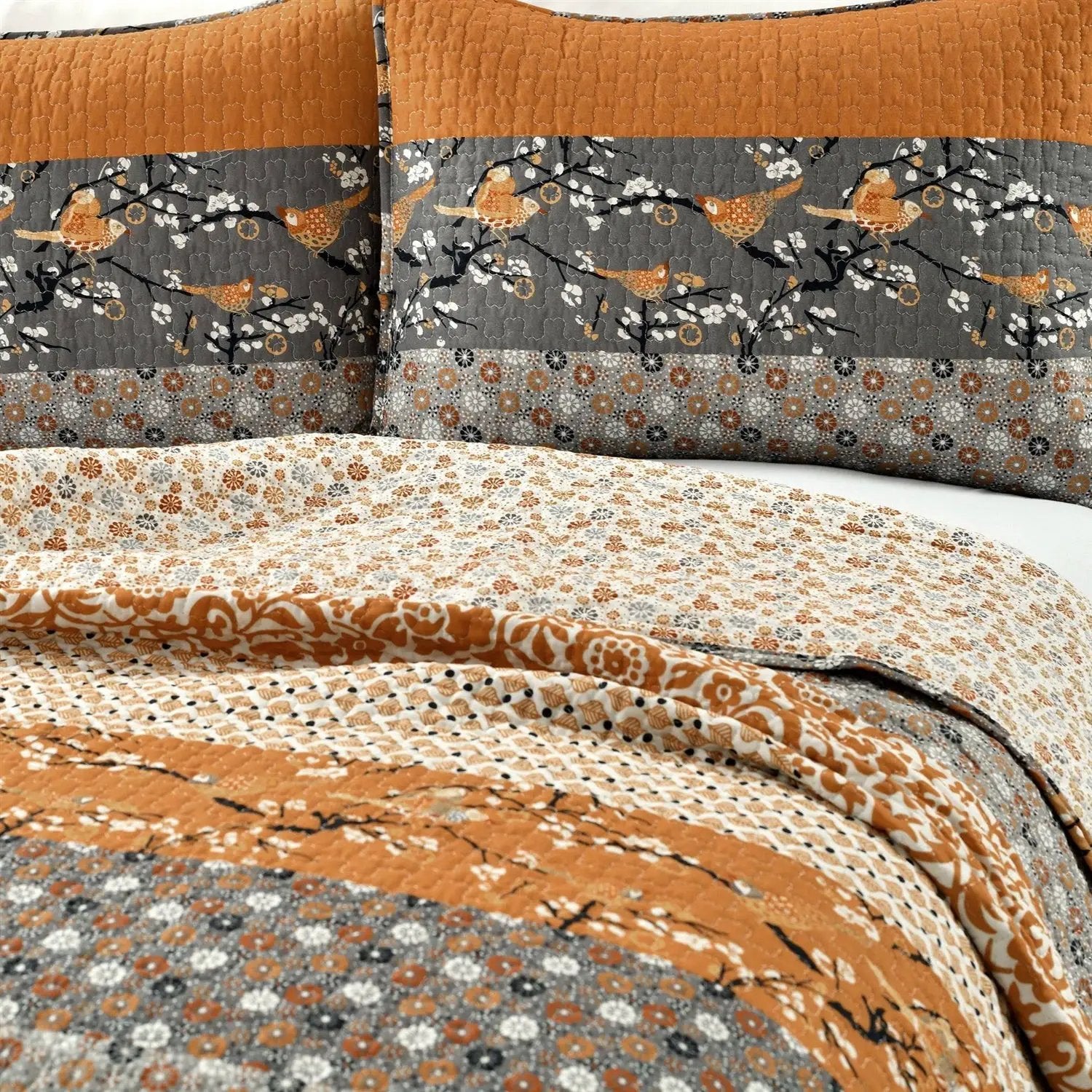 Full/Queen Size Orange Grey Floral Birds Reversible 3 Piece Quilt Set by HomePacific
