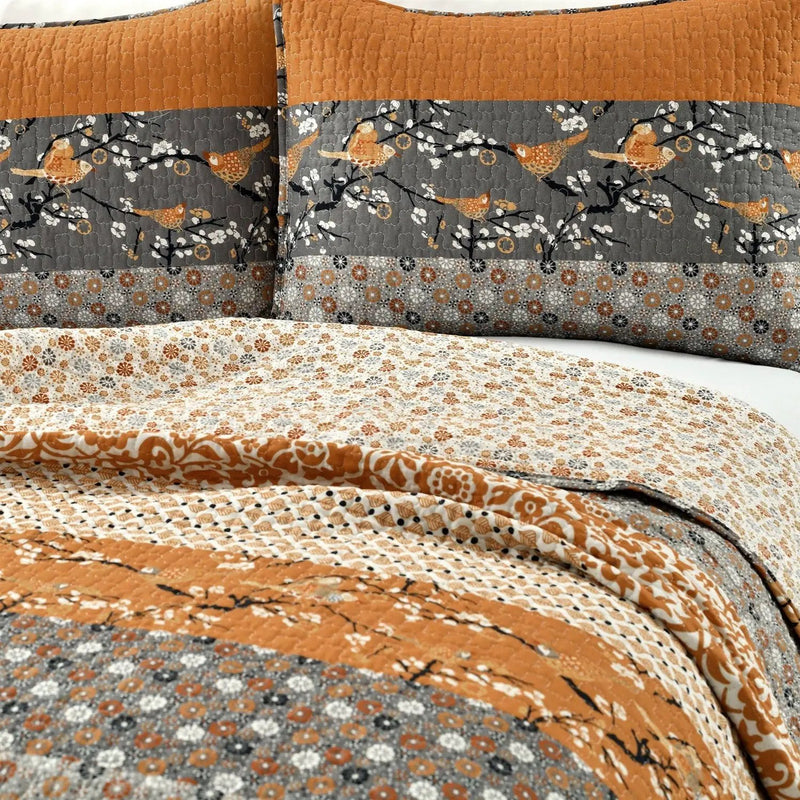 Full/Queen Size Orange Grey Floral Birds Reversible 3 Piece Quilt Set by HomePacific