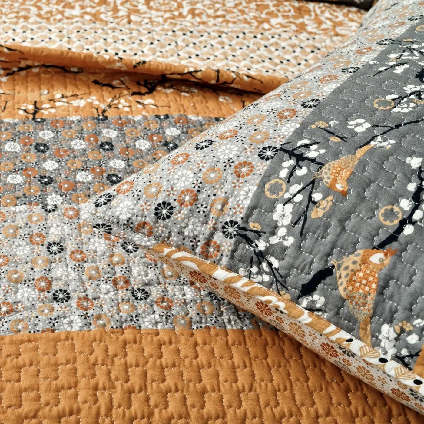 Full/Queen Size Orange Grey Floral Birds Reversible 3 Piece Quilt Set by HomePacific