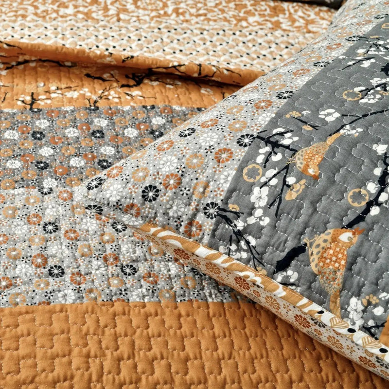 Full/Queen Size Orange Grey Floral Birds Reversible 3 Piece Quilt Set by HomePacific
