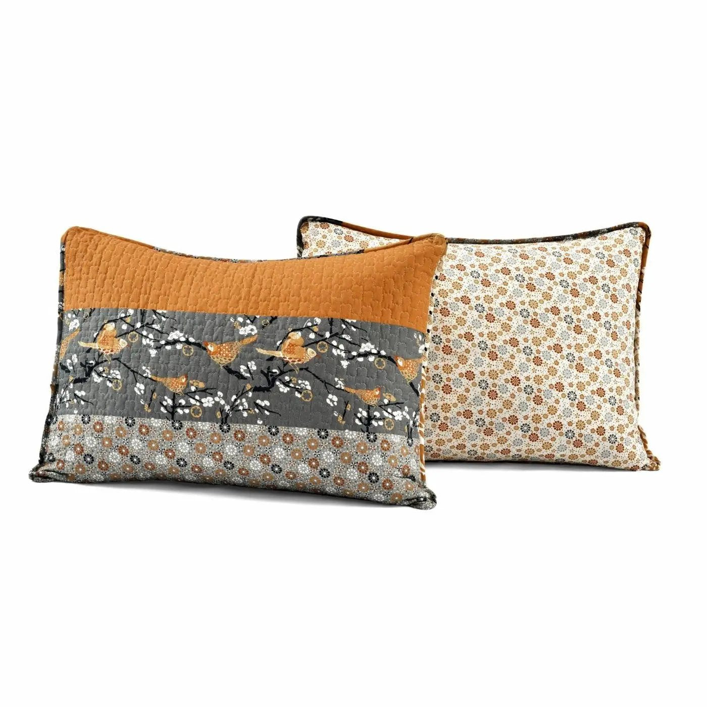 Full/Queen Size Orange Grey Floral Birds Reversible 3 Piece Quilt Set by HomePacific