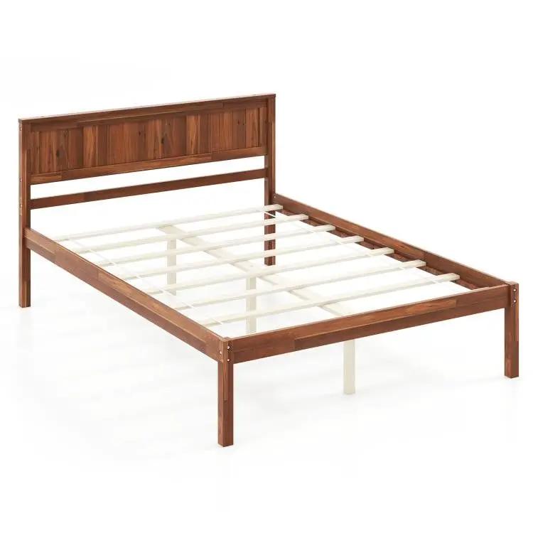 Full Size Retro Wood Platform Bed Frame with Headboard in Walnut by HomePacific