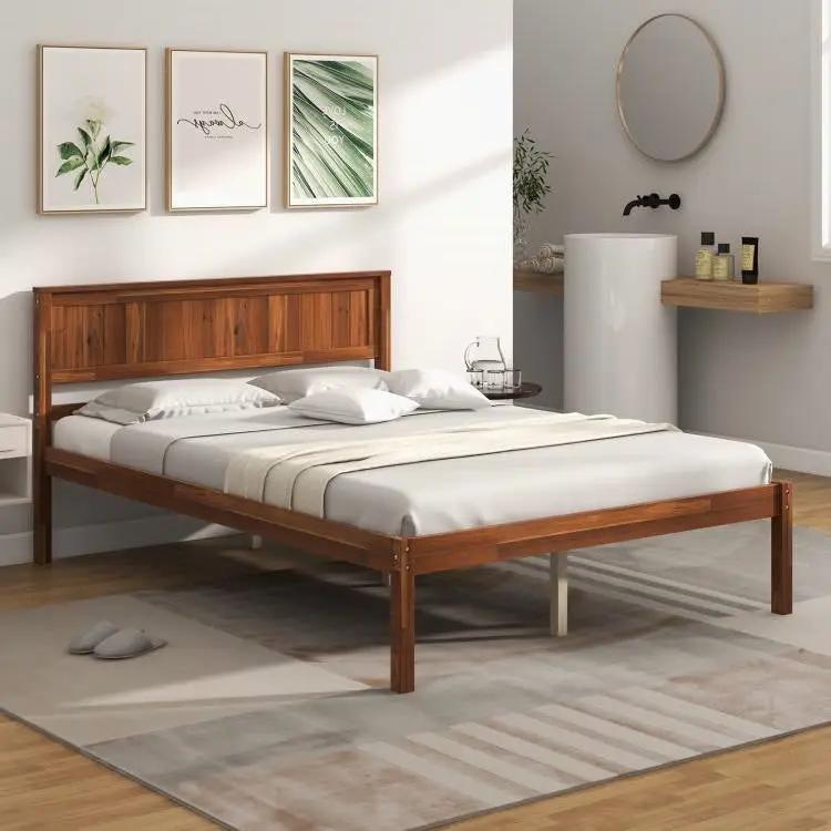 Full Size Retro Wood Platform Bed Frame with Headboard in Walnut by HomePacific