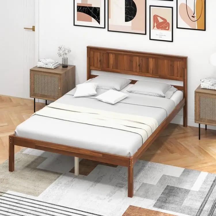 Full Size Retro Wood Platform Bed Frame with Headboard in Walnut by HomePacific