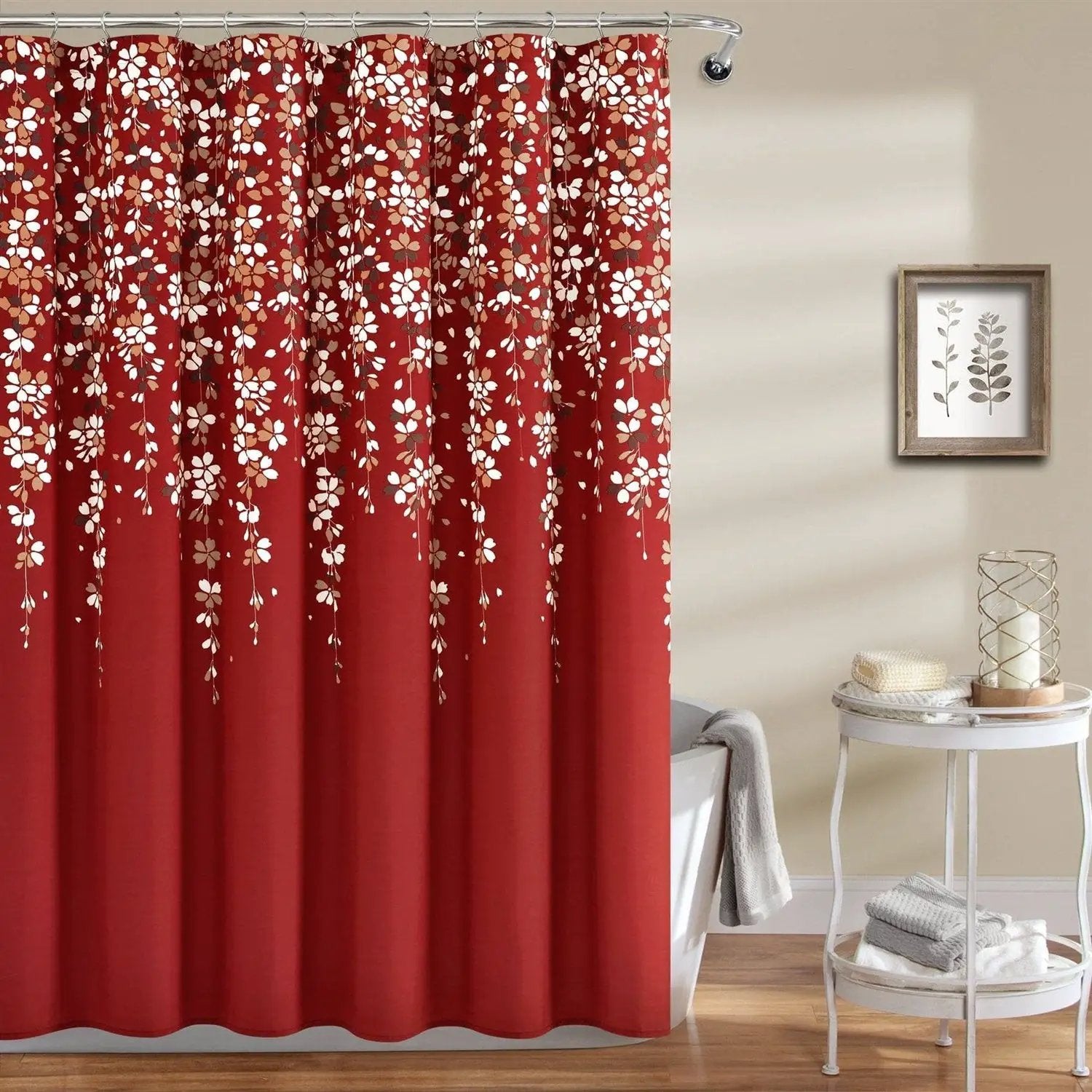 72-inch Red White and Flowers Vines Floral Shower Curtain by HomePacific
