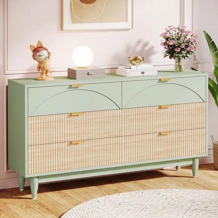 Retro Mid-Century Modern 6 Drawer Dresser Chest of Drawers in Mint Green by HomePacific