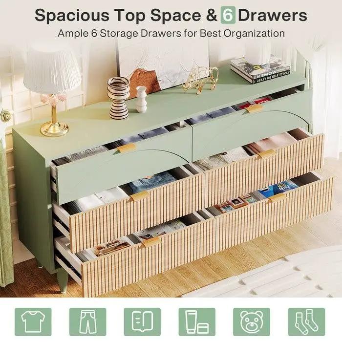 Retro Mid-Century Modern 6 Drawer Dresser Chest of Drawers in Mint Green by HomePacific