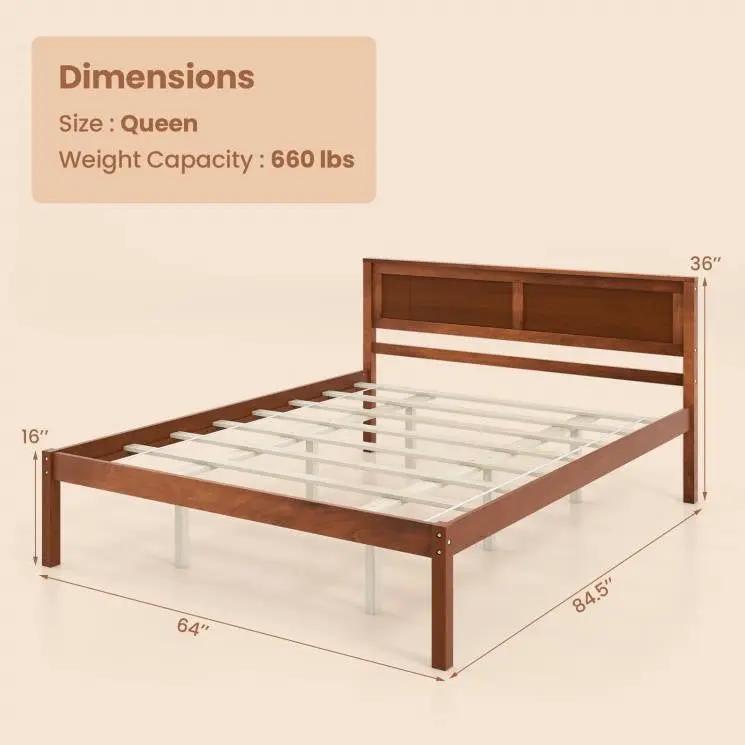 Queen Size Retro Wood Platform Bed Frame with Headboard in Walnut by HomePacific