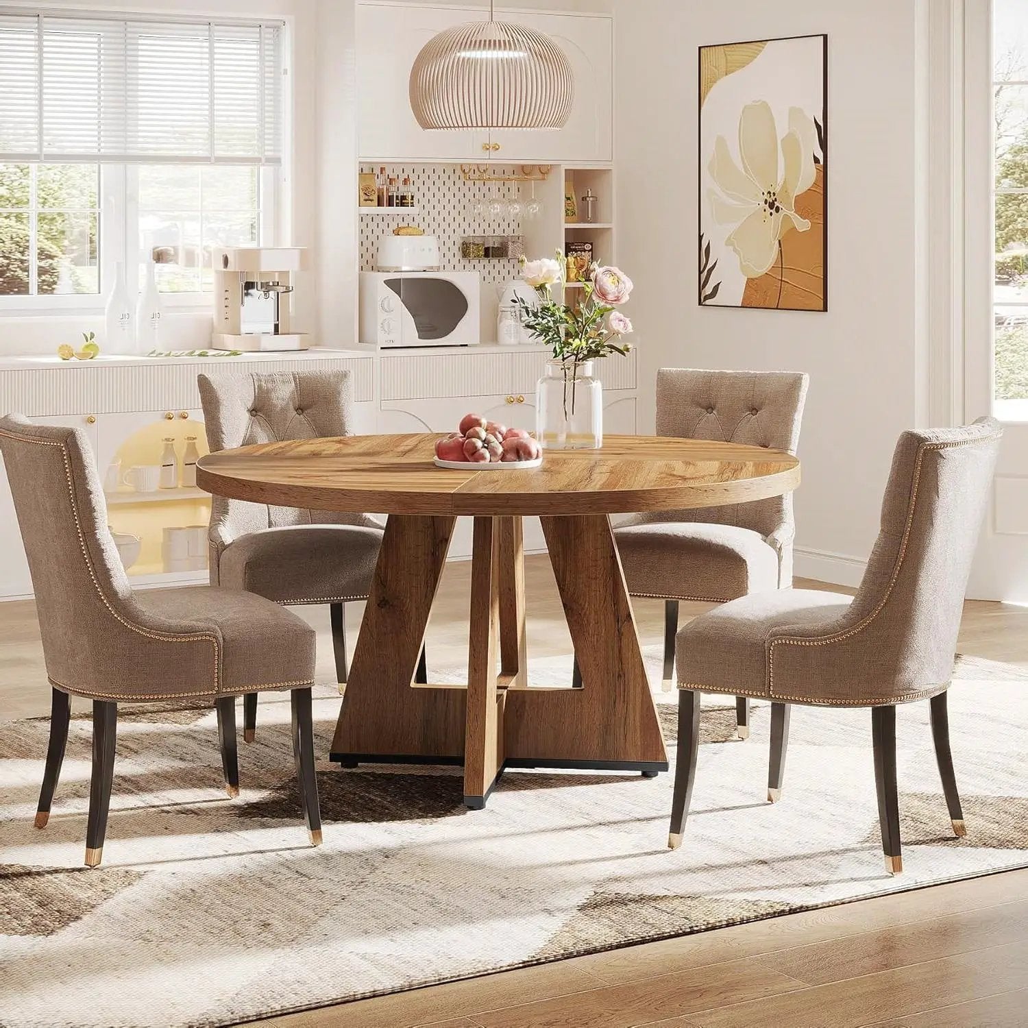 Modern Kitchen 4-Person Circular Dining Table in Retro Brown Wood Finish by HomePacific