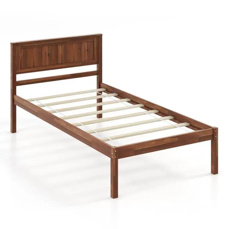 Twin Size Retro Wood Platform Bed Frame with Headboard in Walnut by HomePacific