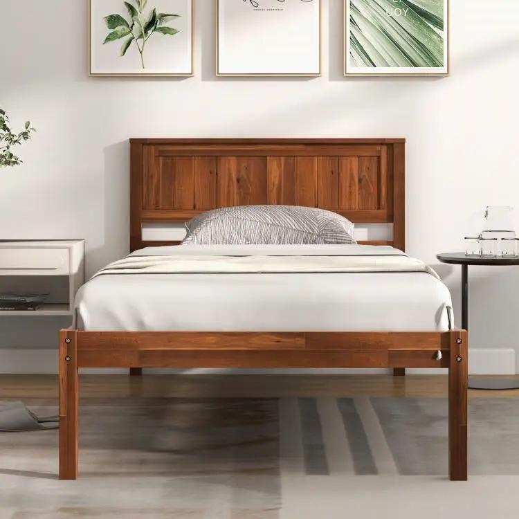 Twin Size Retro Wood Platform Bed Frame with Headboard in Walnut by HomePacific