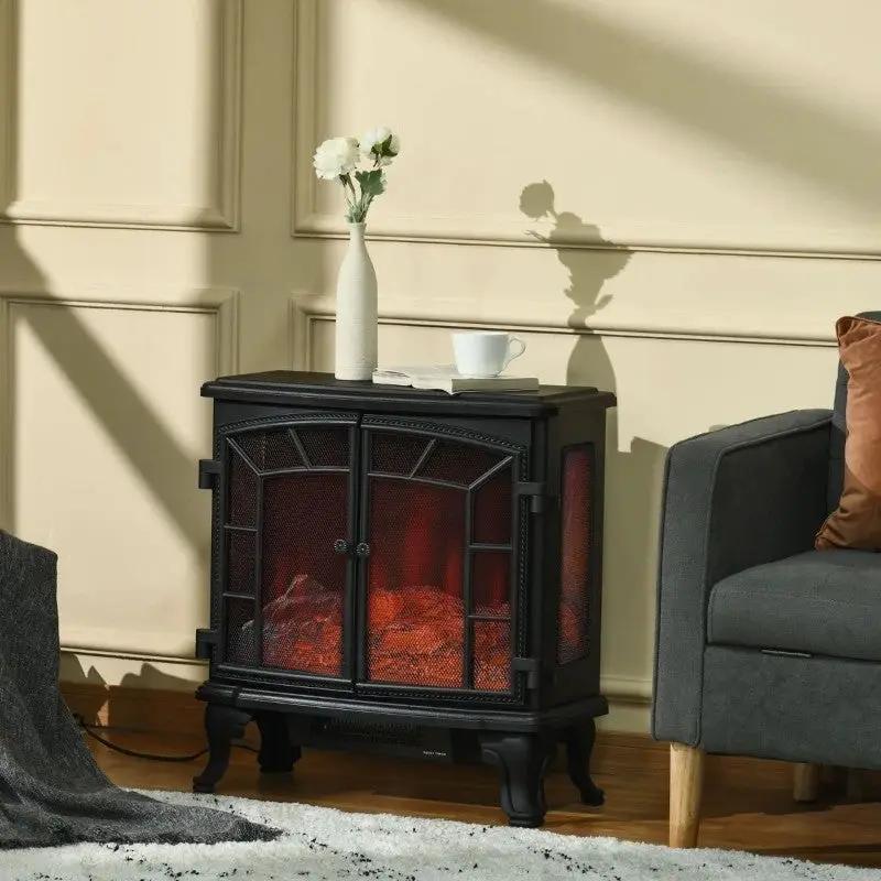 Black Remote Controlled Electric Fireplace Heater Realistic LED Flames and Logs by HomePacific