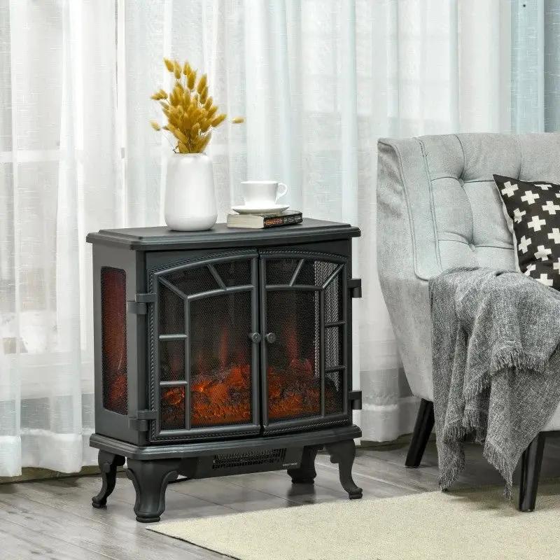 Black Remote Controlled Electric Fireplace Heater Realistic LED Flames and Logs by HomePacific