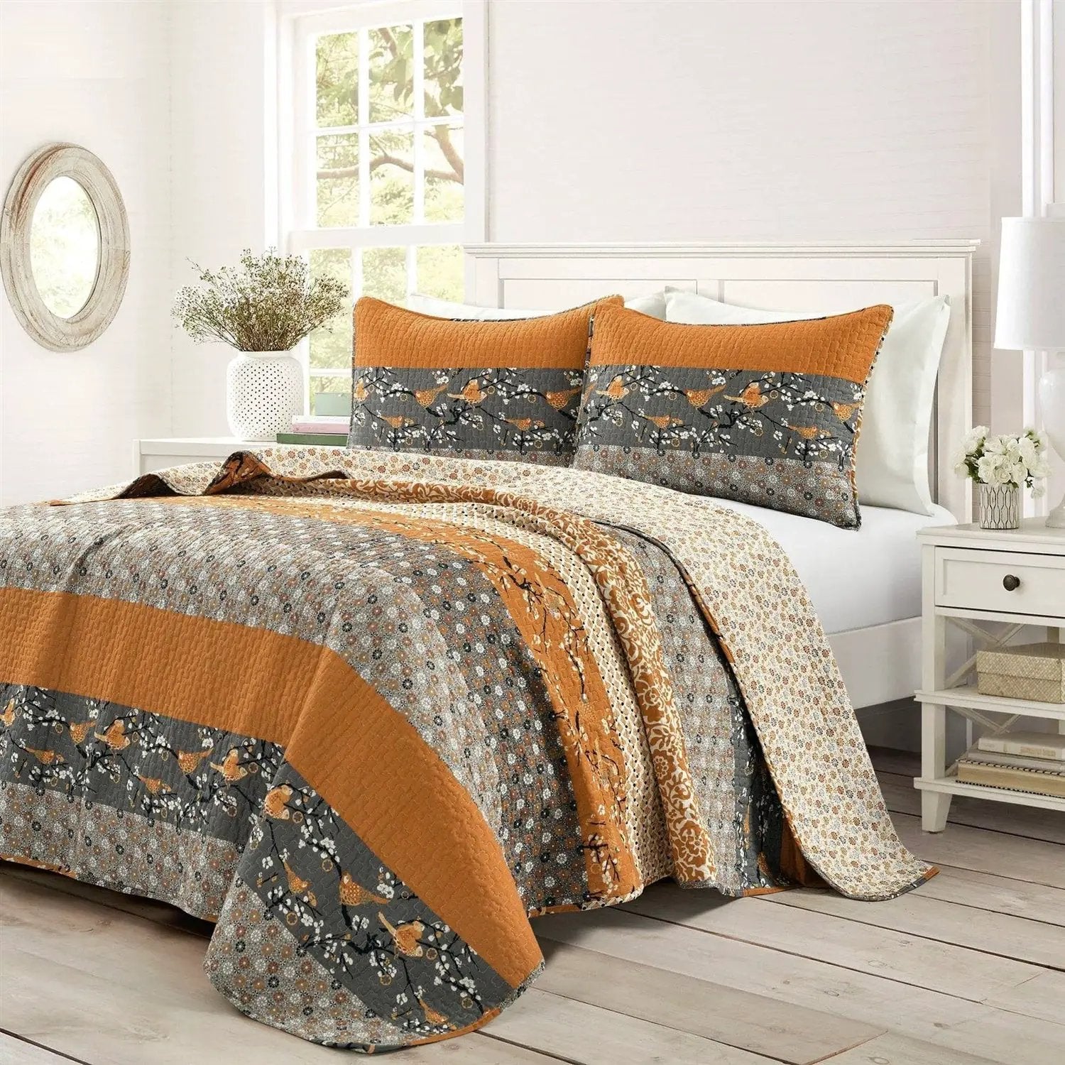 Full/Queen Orange Grey Boho Floral Birds Reversible Lightweight Quilt Set by HomePacific