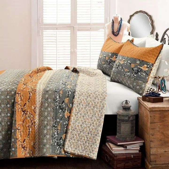 Full/Queen Orange Grey Boho Floral Birds Reversible Lightweight Quilt Set by HomePacific