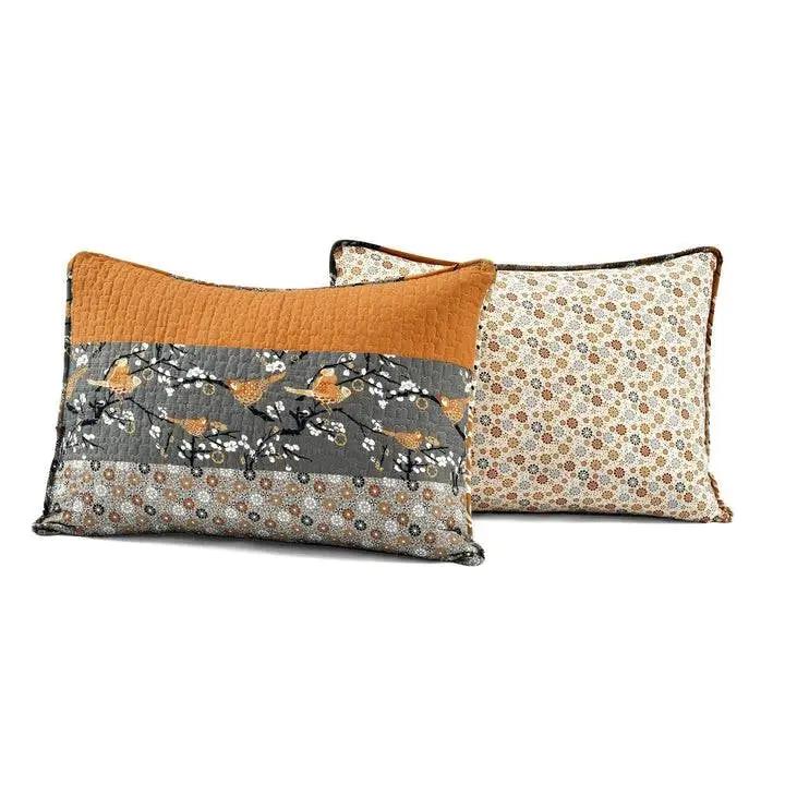 Full/Queen Orange Grey Boho Floral Birds Reversible Lightweight Quilt Set by HomePacific