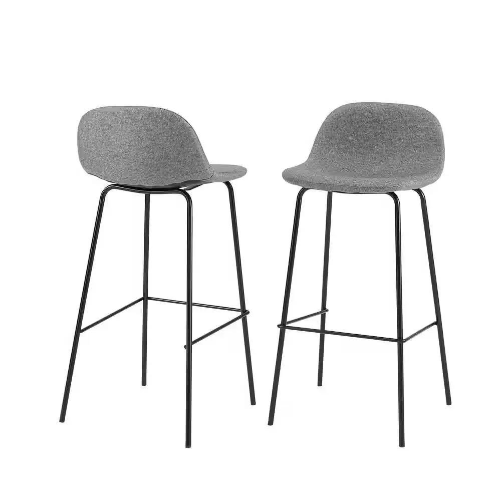 Set of 2 - Modern Low Back Barstool with Black Metal Frame and Grey Linen Seat by HomePacific