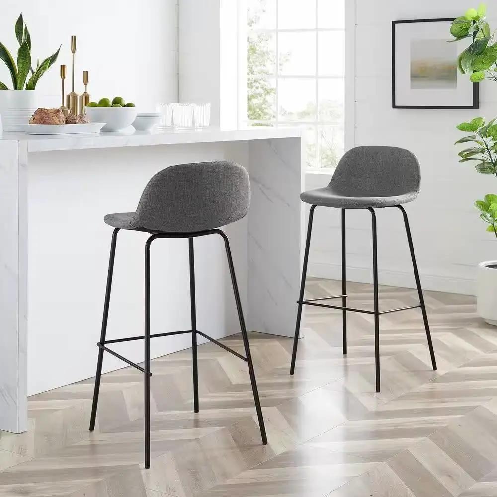Set of 2 - Modern Low Back Barstool with Black Metal Frame and Grey Linen Seat by HomePacific