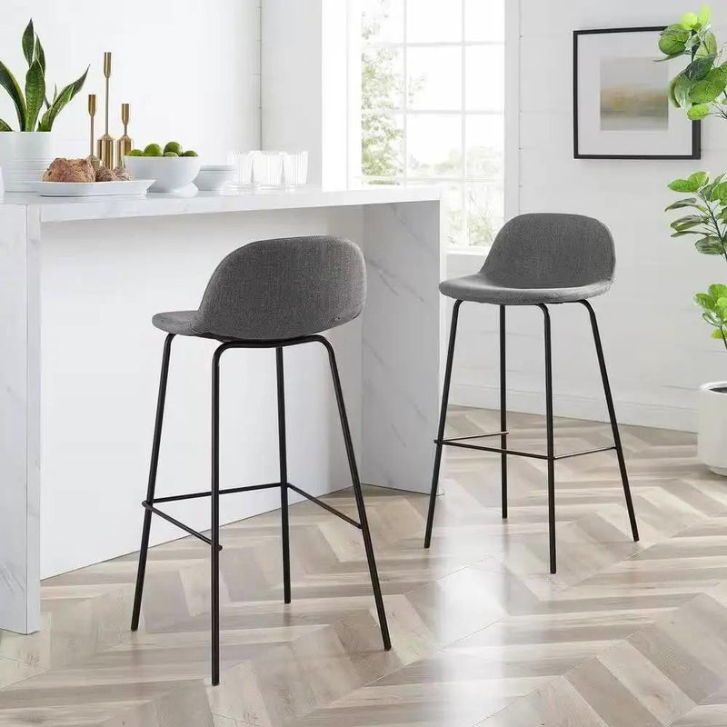 Set of 2 - Modern Low Back Barstool with Black Metal Frame and Grey Linen Seat by HomePacific