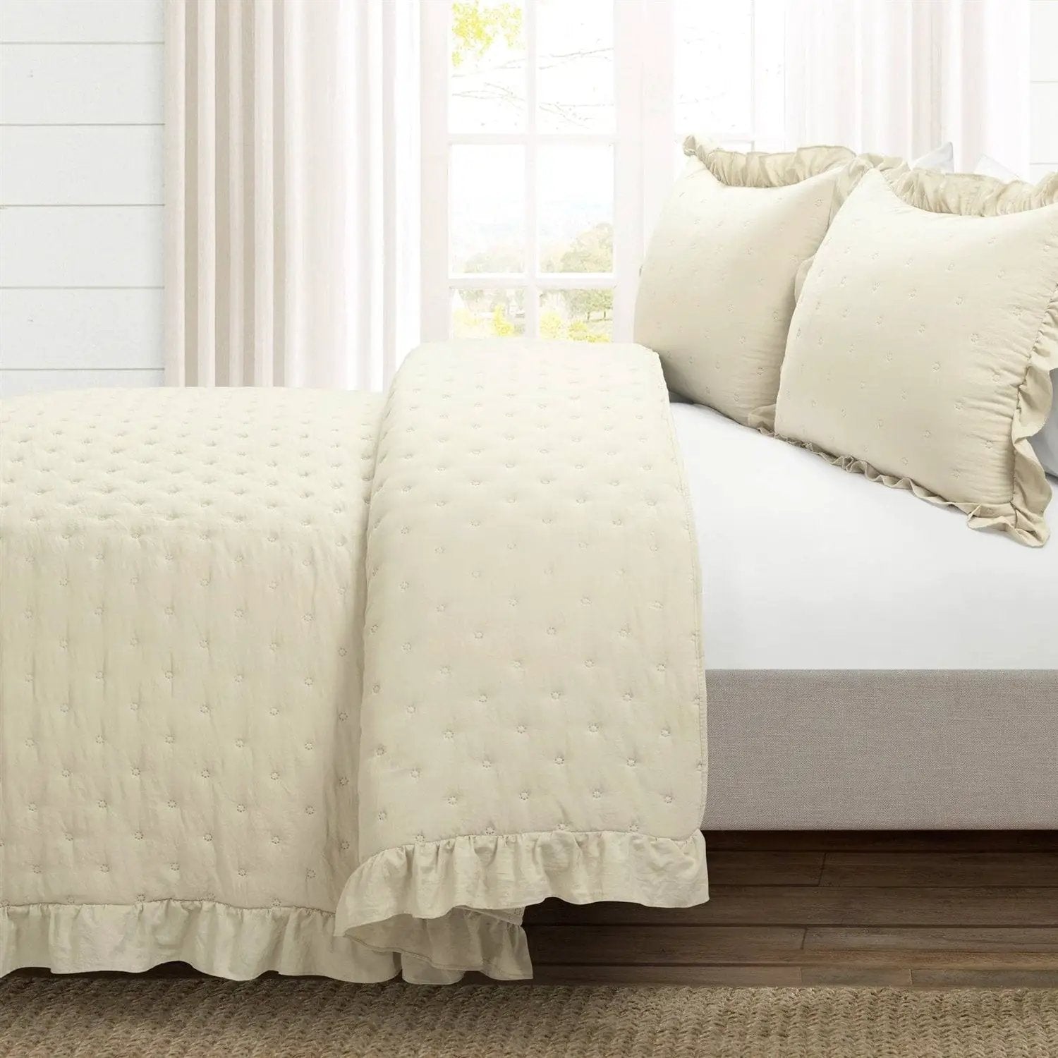 King Size Lightweight Yellow Ruffle Reversible Oversized 3 Piece Quilt Set by HomePacific