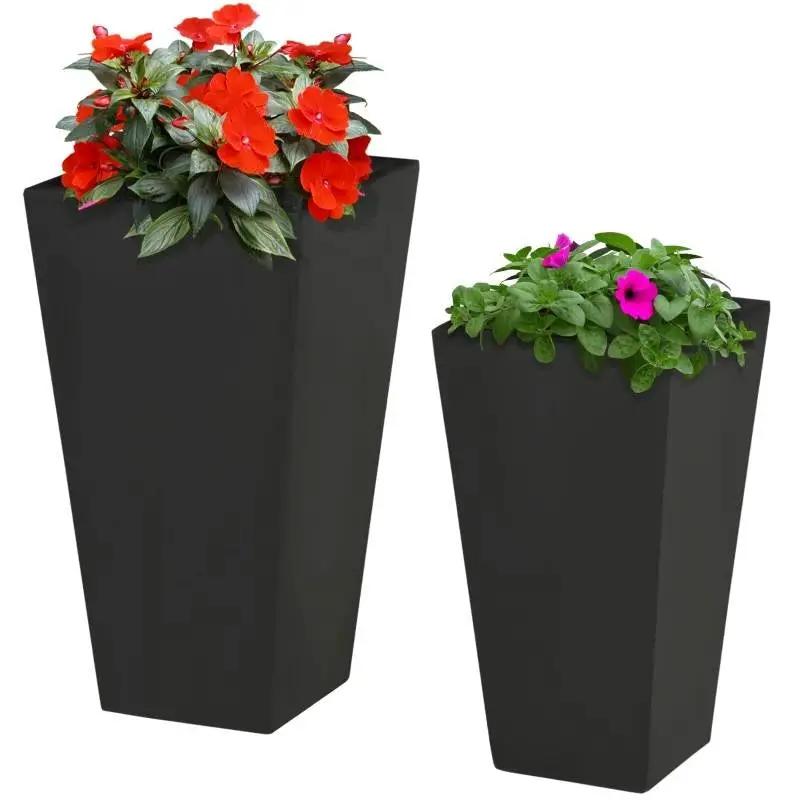 Set of 2 Modern Lightweight Black Outdoor Patio Flower Pot Tall Planter Box by HomePacific