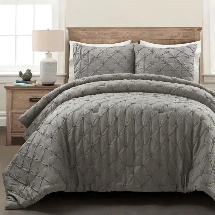 King Size Soft Pleated Grey Cotton 3 Piece Comforter Set by HomePacific