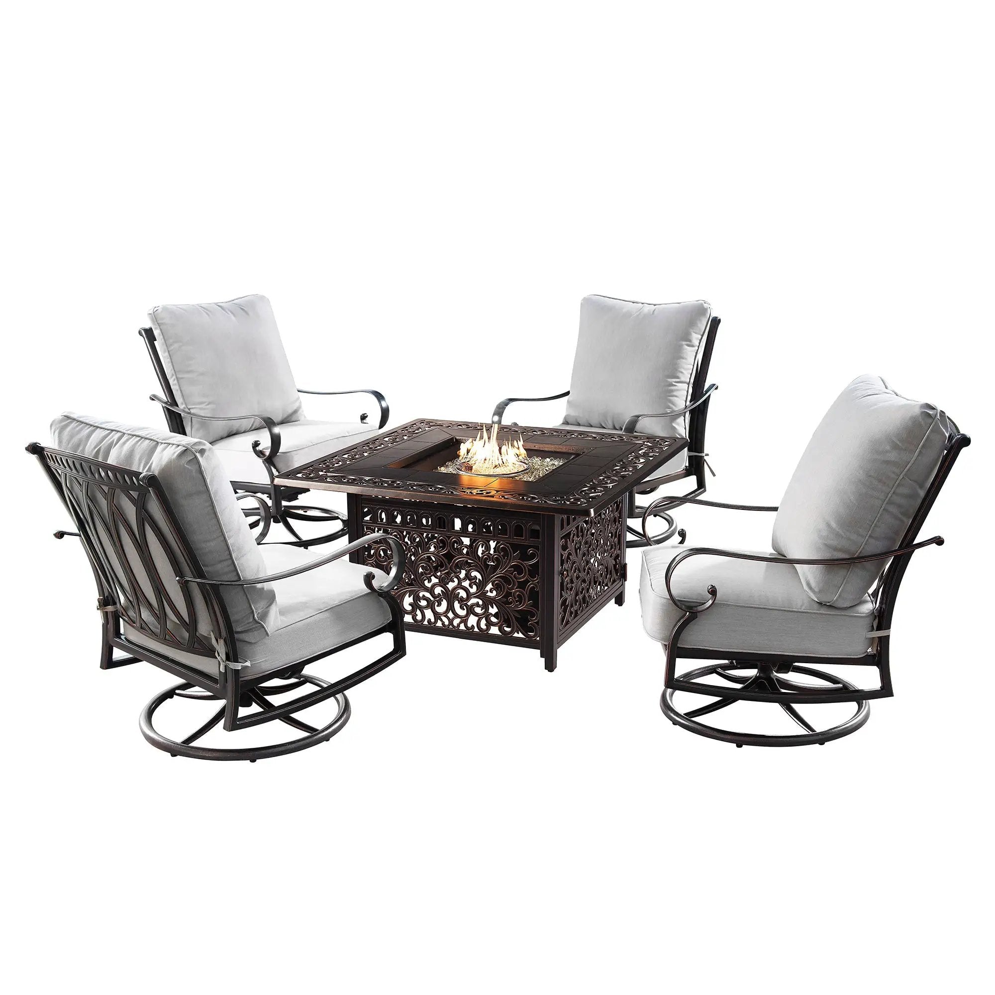 Aluminum 42-in Square Patio Fire Table Set with Swivel Rocking Chairs by Sharicks