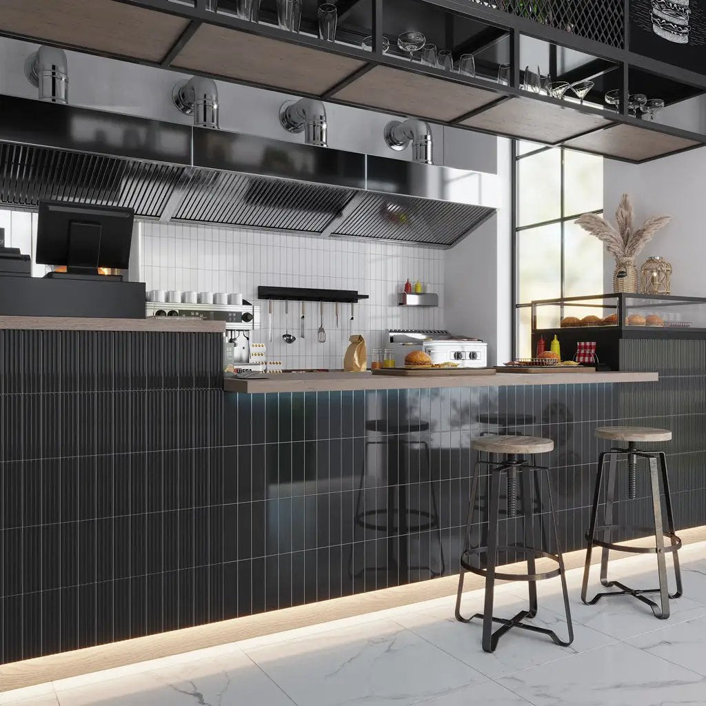 Black 2x8 Glossy Ceramic Subway Deco Tile (38 pack, 4.09 sq ft/case) by Apollo Tile