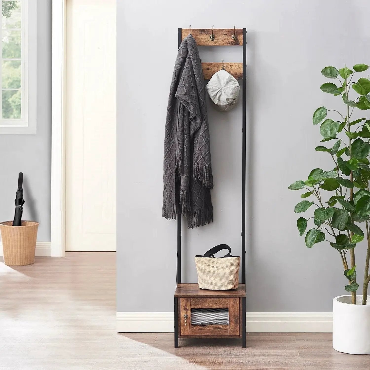 Modern Industrial Metal Wood Entryway Hall Tree Shoe Storage Bench Coat Rack by HomePacific