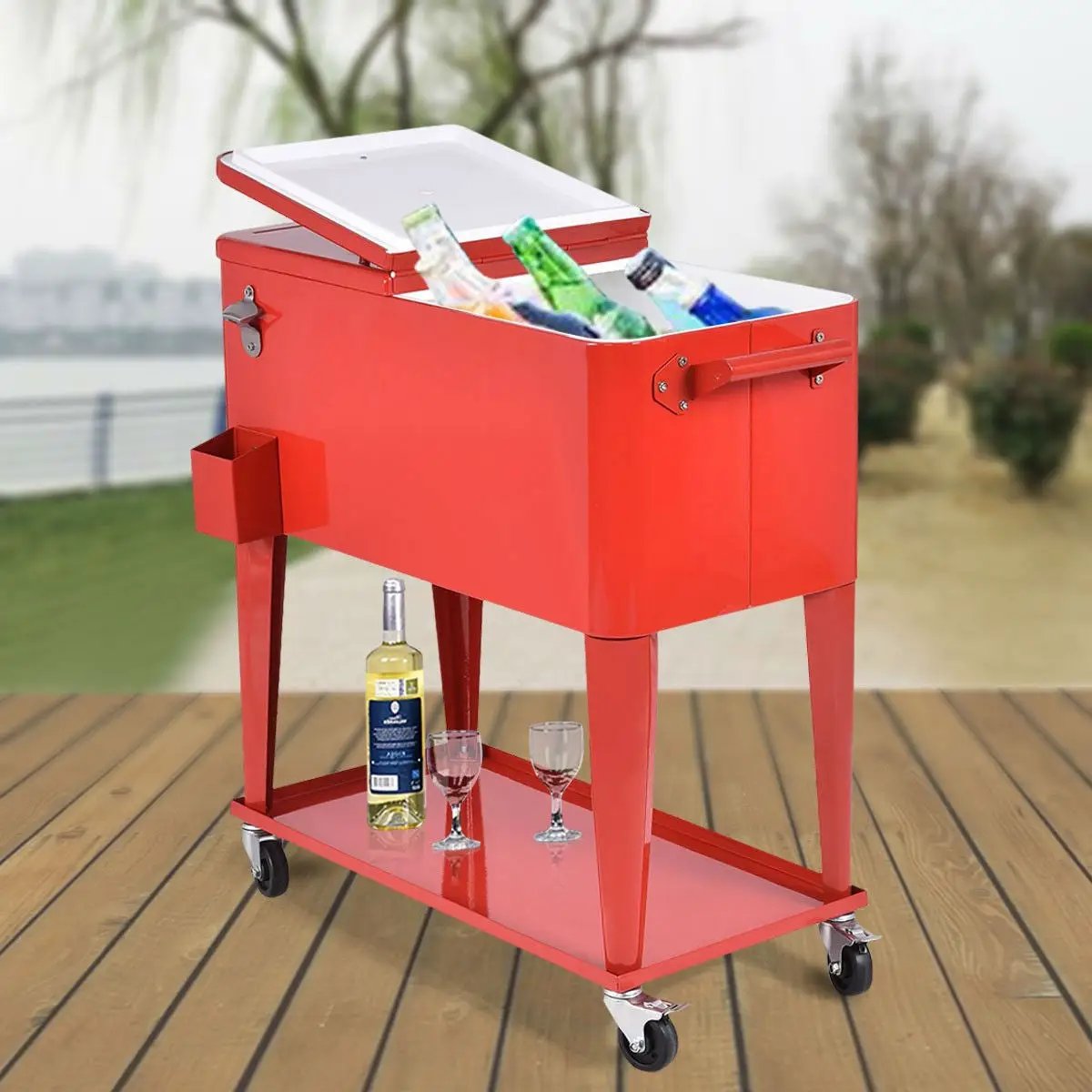 80 Quart Red Sturdy Rolling Steel Construction Cooler by HomePacific