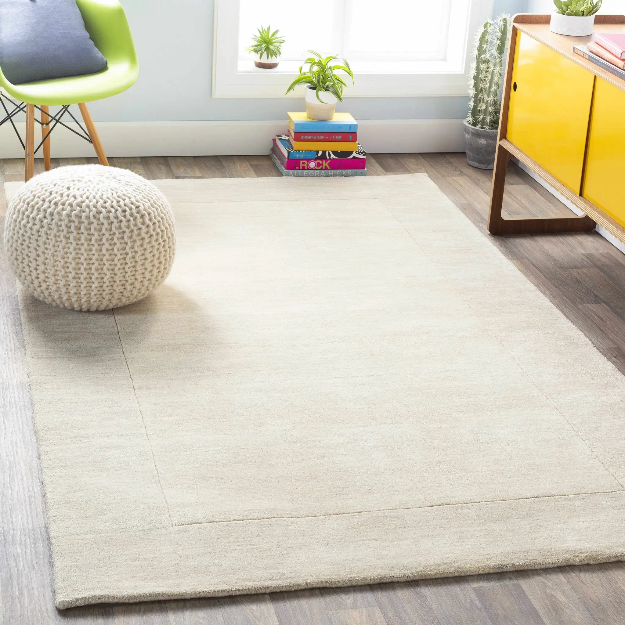 Bordered Solid Beige Cream Wool Rug by Boutique Rugs