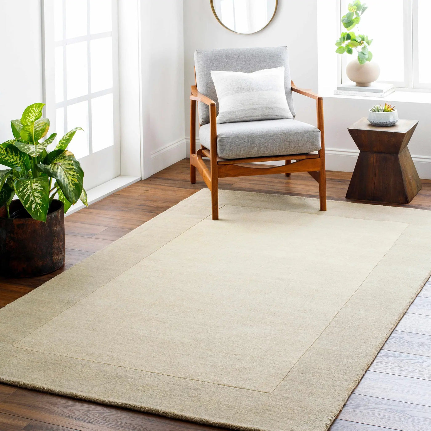 Bordered Solid Beige Cream Wool Rug by Boutique Rugs