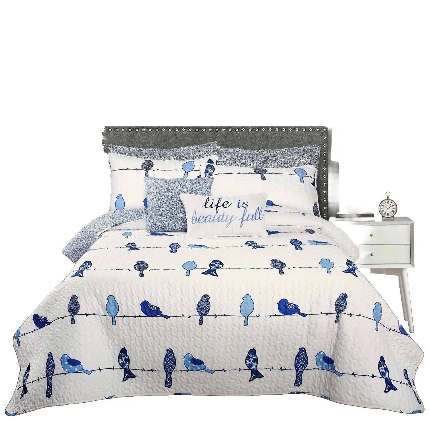 Full/Queen Blue White Navy Floral Birds On Wire Lightweight 7 Piece Quilt Set by HomePacific