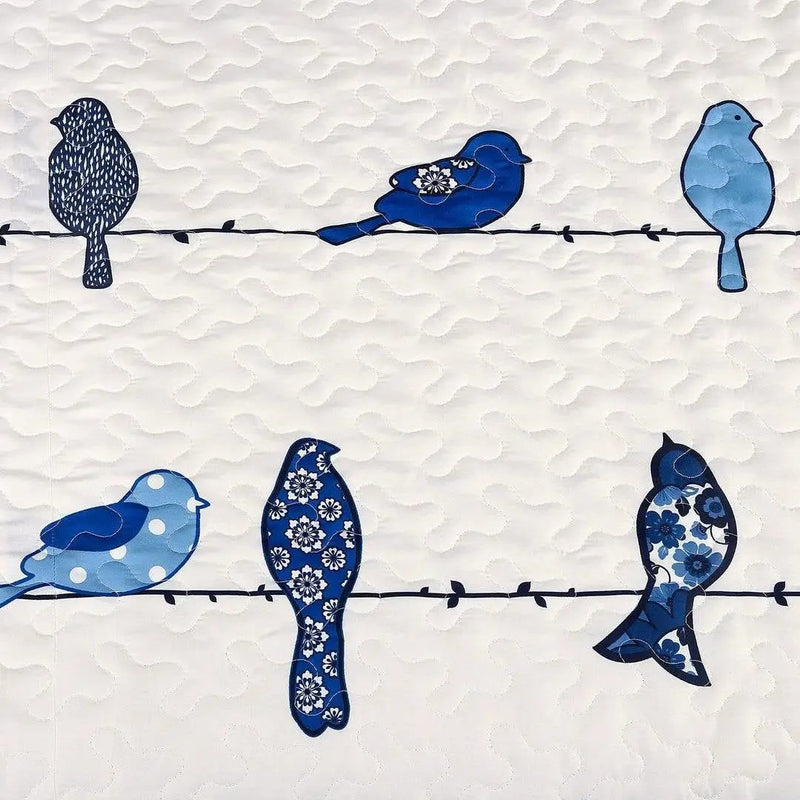 Full/Queen Blue White Navy Floral Birds On Wire Lightweight 7 Piece Quilt Set by HomePacific