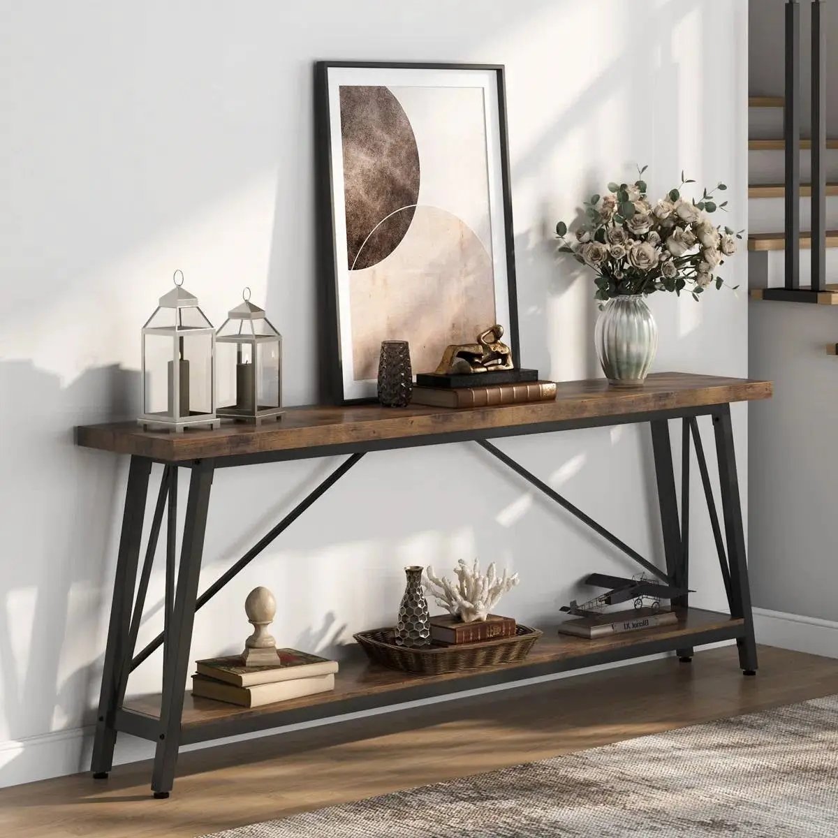Sturdy 70-inch Industrial Brown Wood Top Console Table with Black Metal Frame by HomePacific