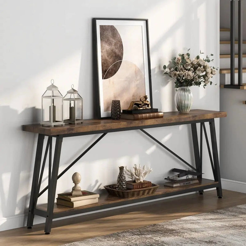 Sturdy 70-inch Industrial Brown Wood Top Console Table with Black Metal Frame by HomePacific
