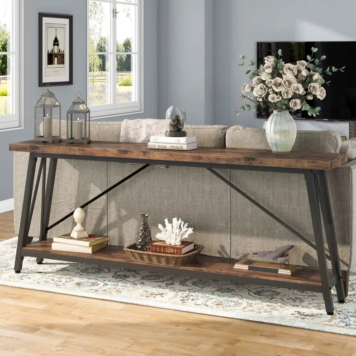 Sturdy 70-inch Industrial Brown Wood Top Console Table with Black Metal Frame by HomePacific
