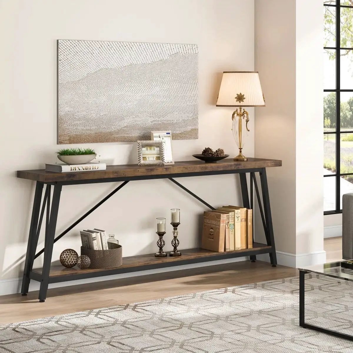 Sturdy 70-inch Industrial Brown Wood Top Console Table with Black Metal Frame by HomePacific
