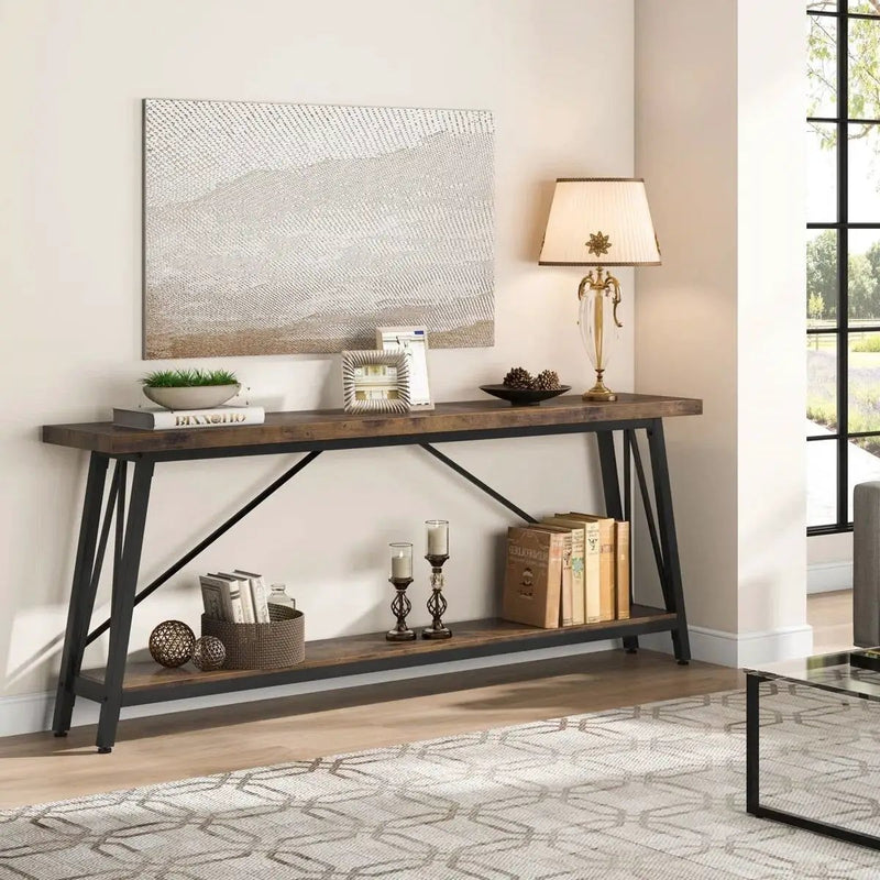 Sturdy 70-inch Industrial Brown Wood Top Console Table with Black Metal Frame by HomePacific